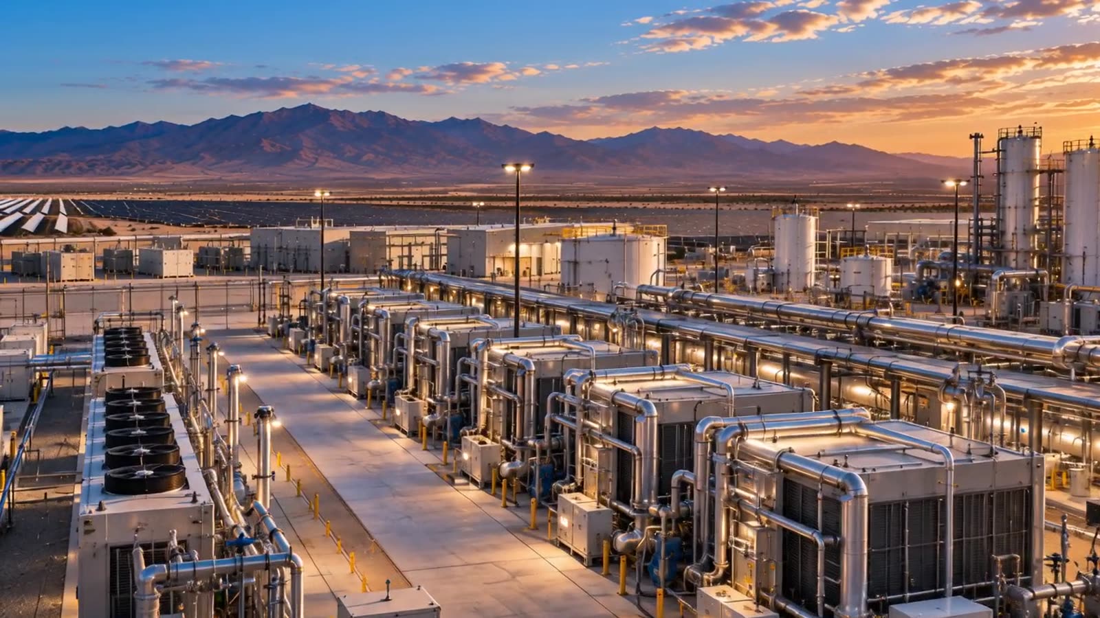 Rendering of electrolyzer modules at a desert hydrogen facility at sunset